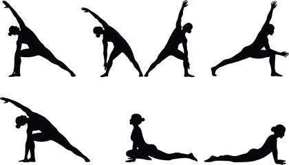 Silhouette illustration of women practicing yoga poses, stretching, fitness postures, wellness exercise, body balance, calm focus, and flexibility.