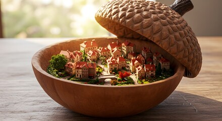 Miniature acorn village diorama collectible art tiny house landscape unique gift idea for home decor lovers on transparent background
