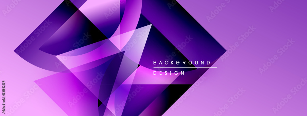 Poster Abstract geometric shapes, purple hues, modern design. Gradient colors create dynamic visual effect. Background texture is smooth.