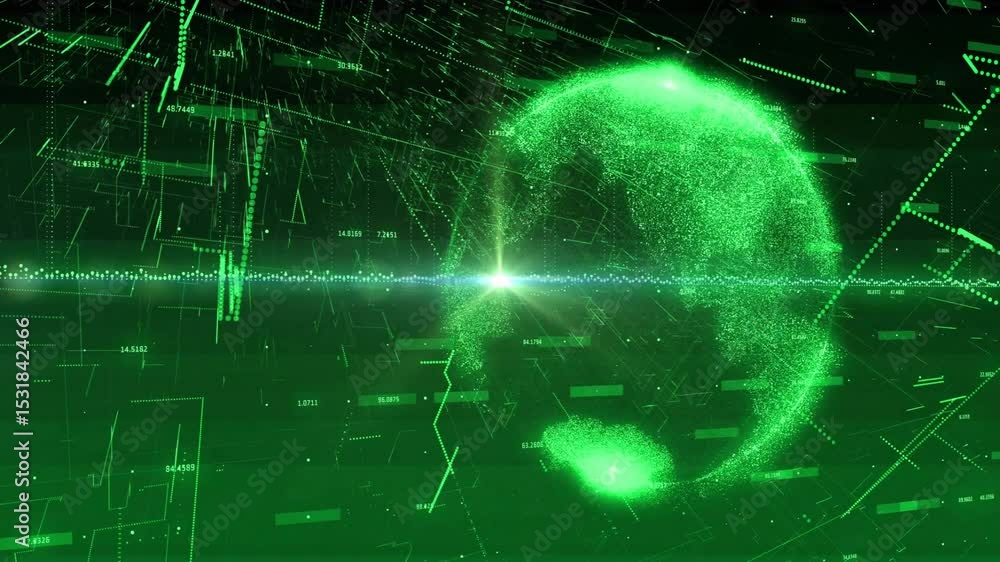 Poster waveform stretching triggers particle globe emerging on right, pulsing, rotating to show data flow