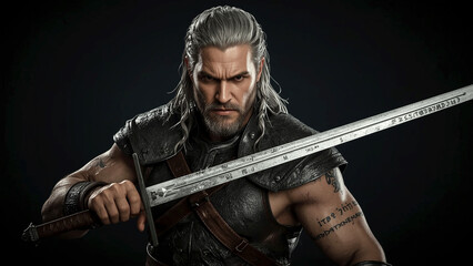 Fototapeta premium portrait of a fierce male warrior with long silver hair and braided sides, holding a battle-worn longsword across his chest