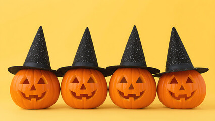 Four Smiling Jack-o'-Lanterns Wearing Black Witch Hats on a Bright Yellow Background - Halloween Decoration