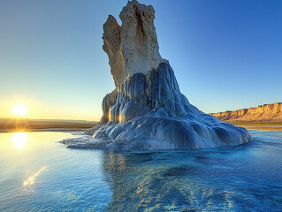 Tufa formation reflected in mono lake at sunrise, california