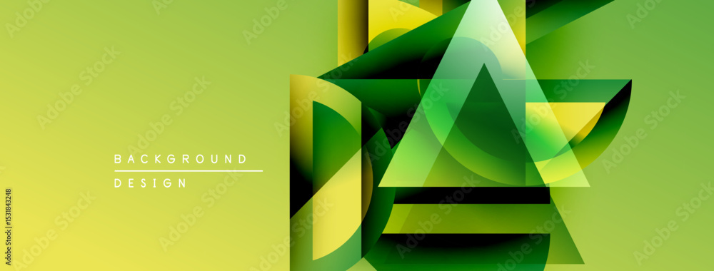 Poster Abstract geometric composition. Overlapping triangles create dynamic visual effect. Yellow, green hues dominate design. Modern style.