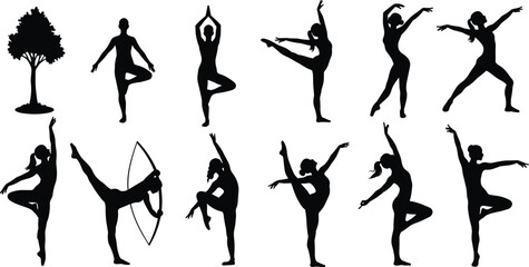 Silhouette of women and men performing dance, yoga, balance poses, tree stance, flexibility workout, fitness training, outdoor health inspiration.