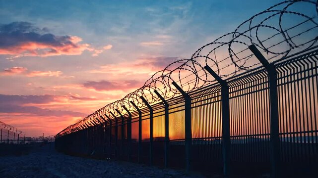 Sunset over a barbed-wire fence along a border, highlighting security and nature's beauty