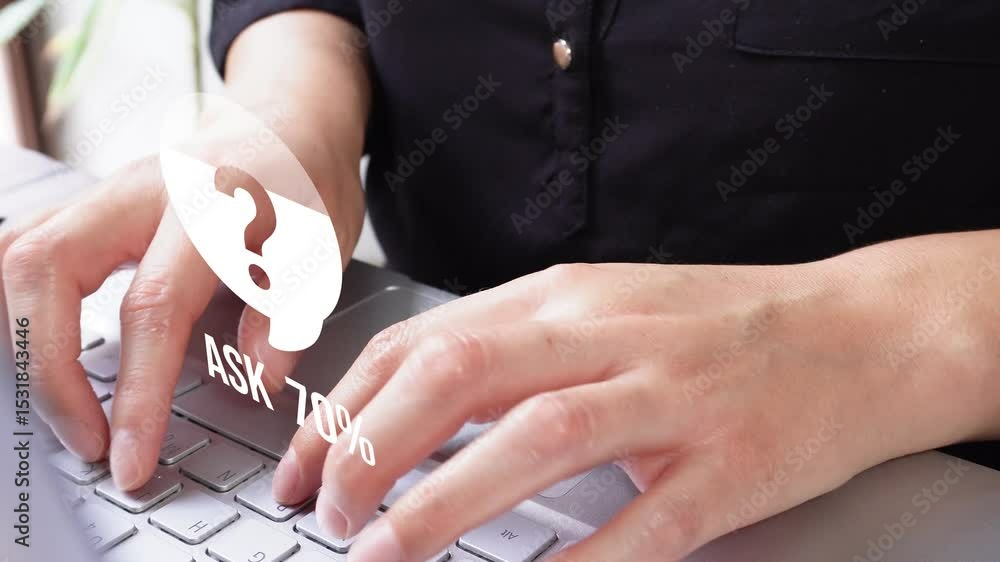 Poster businesswoman working on computer with icon with a question mark and speech bubble with fill and ani