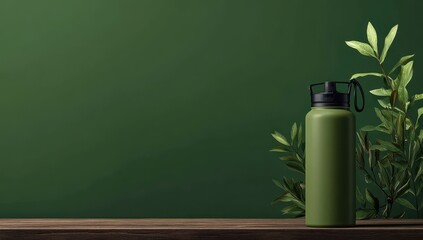 Olive green insulated water bottle on dark wood table against deep green background with foliage