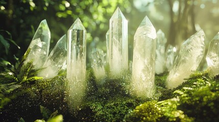 Clear crystals nestled in a mossy forest floor.
