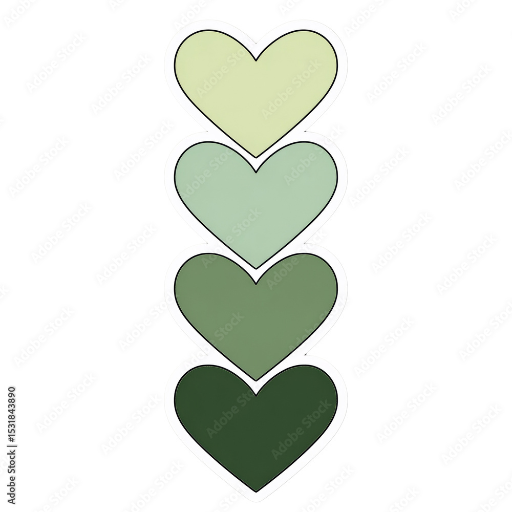 Poster vertical alignment of four green heart shapes against a pristine white background