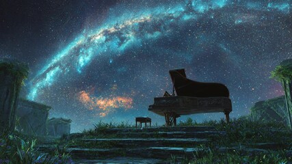 an old abandoned piano resting in the middle of an open grassy field, the Milky Way stretches in a perfect arch across the night sky, fantasy scenery