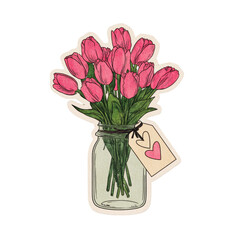 Pink Tulips in a Mason Jar with a Heart Tag Vintage Style Illustration