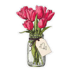 Charming floral arrangement of magenta tulips in a vintage mason jar