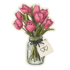 Charming illustration of pink tulips in a mason jar with heart tag