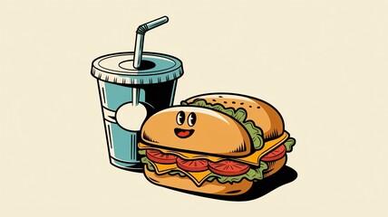 A retro comic pop art design illustration of a happy sandwich with a soft drink on a plain background.
