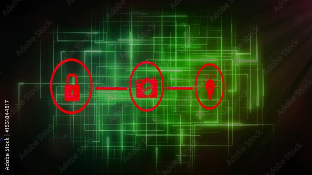 Poster at start padlock icon appearing, camera and lightbulb linking and unlocking pulsing circuit view