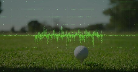 Male golfer initiating driver swing behind ball on tee, waveform fluctuating for shot analysis