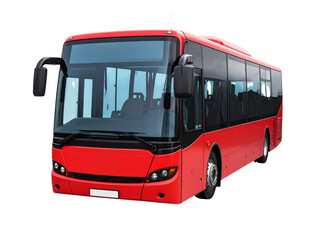 Classic Red City Bus Front View with Clear Windows, Isolated on White Background