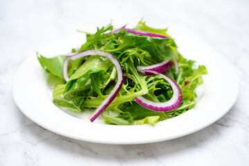 Fresh Green Salad with Sliced Red Onion on White Plate Marble Background Simple Healthy Food Photography