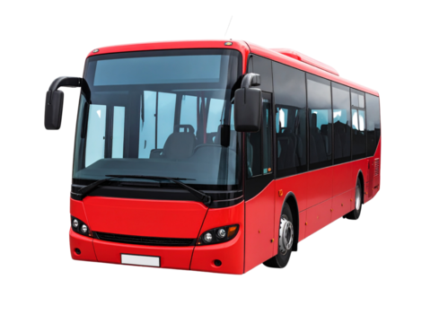 Classic Red City Bus Front View with Clear Windows, Isolated on White Background