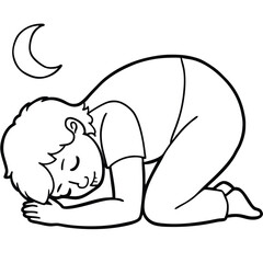 A Child Praying at Night: A Black and White Line Drawing