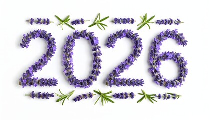 Happy new year 2026 design with lavender flowers. Concept of floral composition on the surface