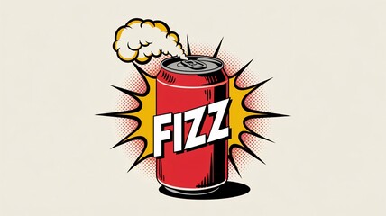 A retro comic pop art design illustration of a soda can with a fizz explosion on white background