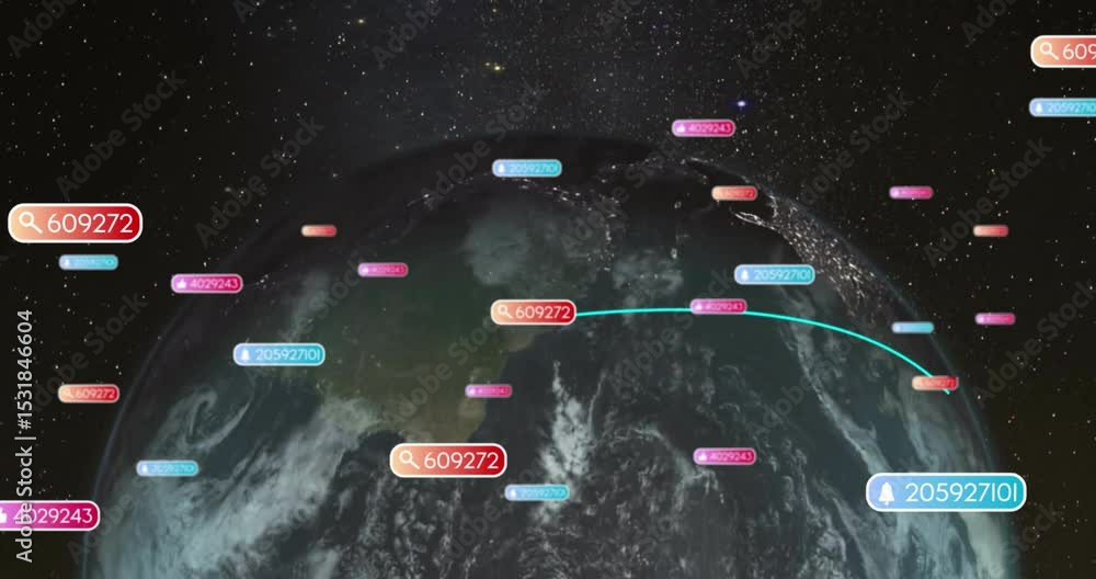 Poster rotating 3d globe starting cyan curves sweeping across hemisphere linking tags showing data flows