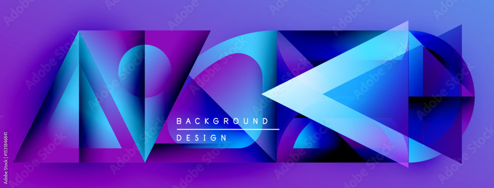 Poster abstract geometric shapes, vibrant purple, blue hues. modern design elements create dynamic visual i