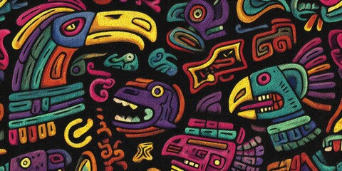 Obraz premium Colorful Tribal Pattern with Birds and Animals