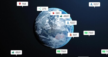 First notification popping Earth rotating while social media icons emerging into engagement halo - Powered by Adobe