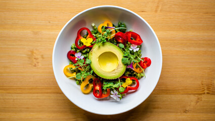 Vibrant Green Pea Avocado Bowl with Red and Yellow Bell Pepper Slices Edible Flowers Microgreens Healthy Food Dish Top View