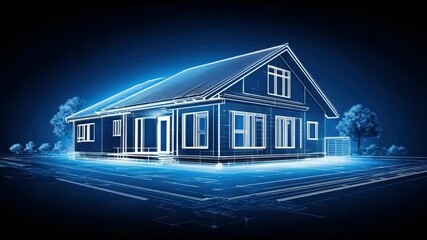 Modern house blueprint digital wireframe glowing blue lines architectural design residential building with futuristic style, innovative technology, serene atmosphere, and creative construction - Powered by Adobe