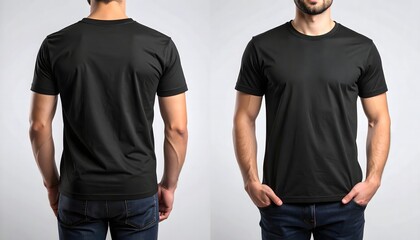 Stylish man wearing a black t-shirt in front view and back view. Isolated on clean background. Perfect for mockup