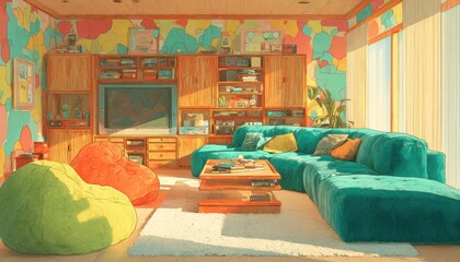Vibrant 90s living room: cozy, colorful, and full of retro charm 4. Generative AI