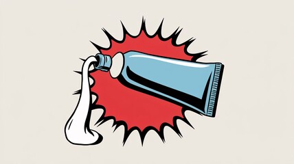 A retro comic pop art illustration of a tube of toothpaste squeezing out a white toothpaste.