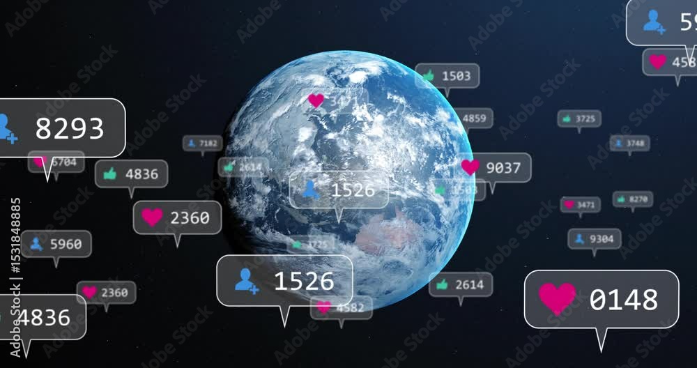 Poster opening shot showing rotating 3d globe attracting popups updating drifting representing engagement