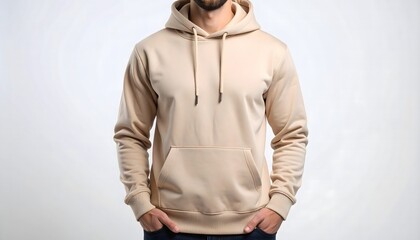 A stylish beige hoodie on a torso, perfect for mockup showcasing apparel designs. The hoodie features a classic kangaroo pocket and drawstrings