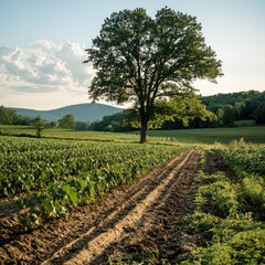 Obraz premium Lush field path leads to a solitary tree under a partly cloudy sky