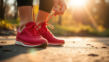 Close-up tying Plain red shoes running shoes outdoors, preparing for training in warm sunlight.