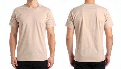 Front and back view of a person wearing a plain beige T-shirt, suitable for apparel and fashion themes