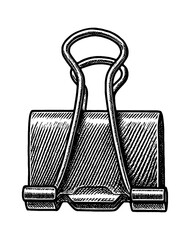 Detailed Engraved Illustration of Binder Clip in Black and White on White Background