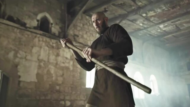 Meditating monk in traditional robe spinning bo staff with precise movements inside ancient stone temple, embodying spiritual discipline and martial arts concentration