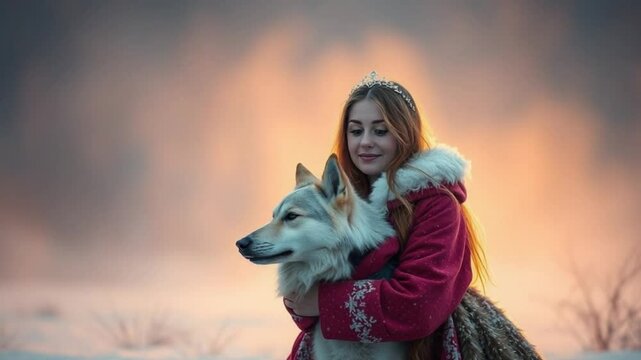 Young woman in red coat with tiara holding wolf dog in snowy winter landscape