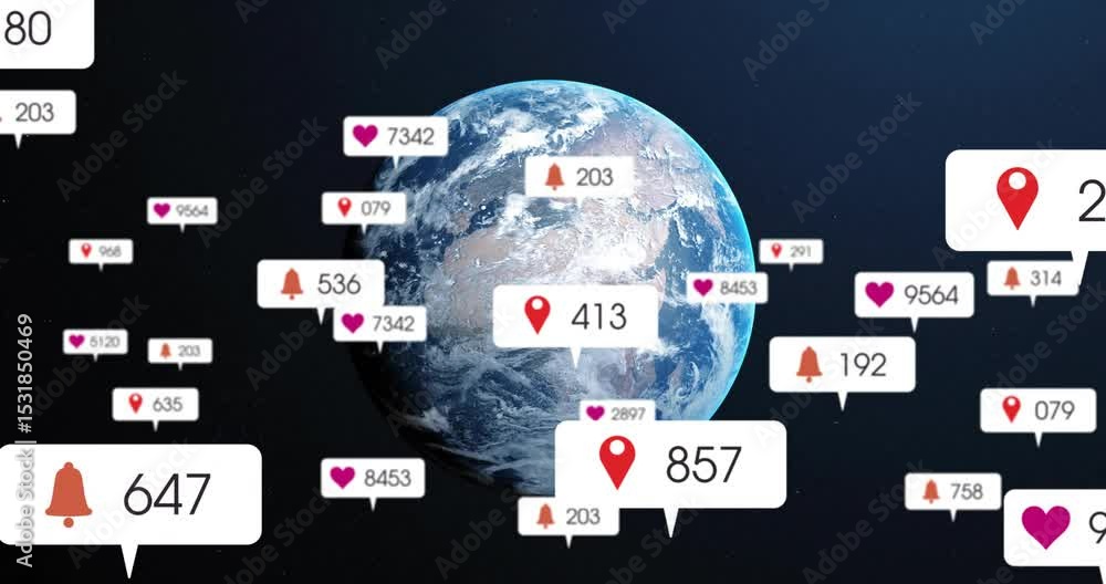 Poster rotating earth spawning markers, floating notifications updating counts and showing global trends