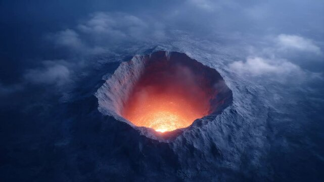Fiery Inferno: A breathtaking view into a volcanic crater, where the earth's core simmers with molten fury, captured under a dusky sky and swirling clouds, invoking the raw power of nature's forces.