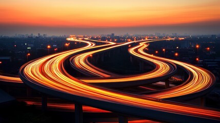 Smart city connectivity dynamic traffic flow on urban highways at sunset capturing modern infrastructure vibrant environment