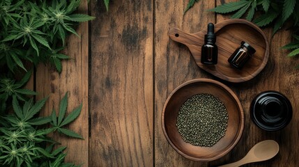 Fototapeta premium Set of legalized cannabis products features with CBD oil, hemp seeds in a wooden bowl, and a spoon.