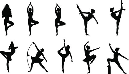 Silhouettes of women performing dance, yoga, and acrobatic poses, elegant posture, graceful body movement, fitness, balance, and flexibility.
