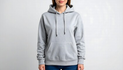 A woman wearing a light gray hoodie for mockup in clean background.